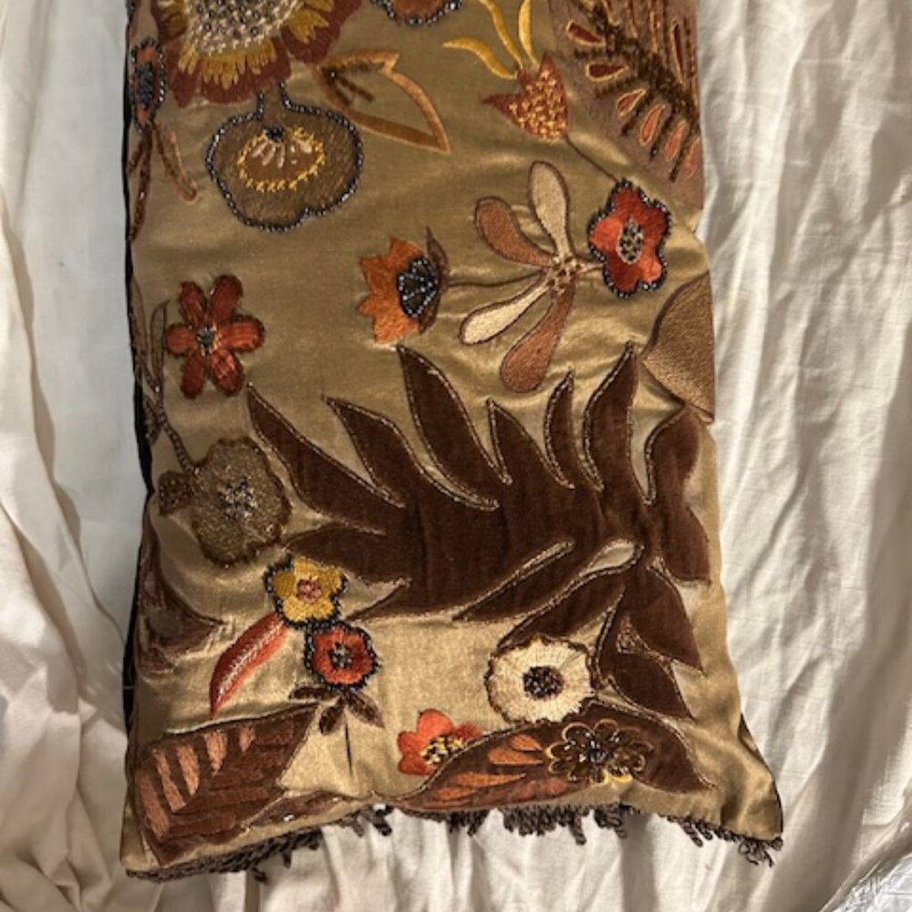 Embroidered Floral Lumbar Accent Pillow in Gold and Rust - Picture 3 of 5